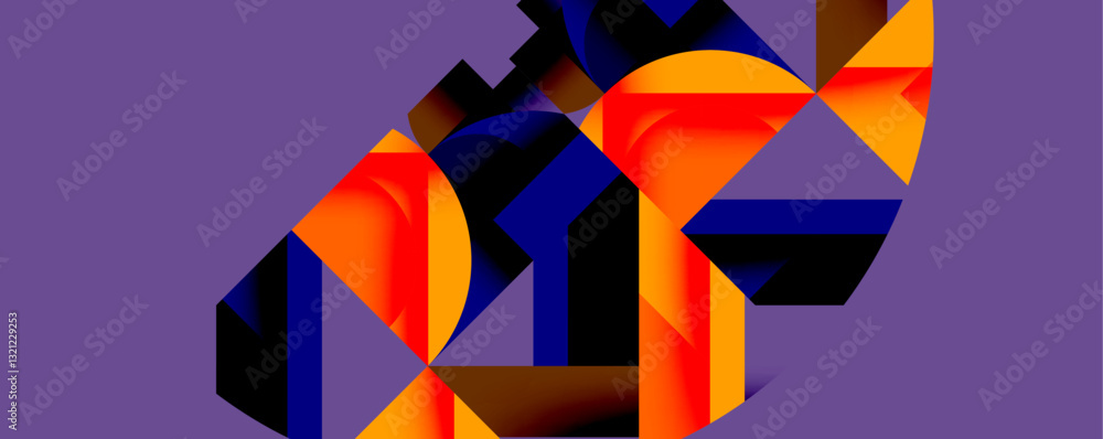 Poster Abstract geometric composition with interlocking circular and angular shapes, featuring smooth gradients and sharp contrasts on a white background
