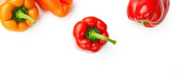 Single vibrant red bell pepper, isolated on pure white background, flora, texture