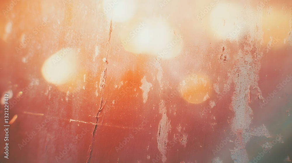 Poster bokeh lights shining through a weathered wall with cracks and texture