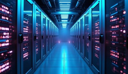 View of a futuristic data center hallway showcasing advanced servers with vibrant lights and sleek design, emphasizing technology, innovation, and modern infrastructure