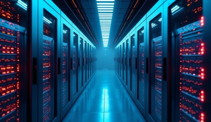 View of a futuristic data center hallway showcasing advanced servers with vibrant lights and sleek design, emphasizing technology, innovation, and modern infrastructure