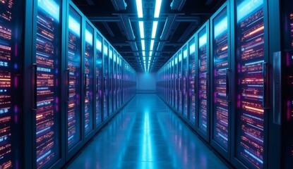 View of a futuristic data center hallway showcasing advanced servers with vibrant lights and sleek design, emphasizing technology, innovation, and modern infrastructure