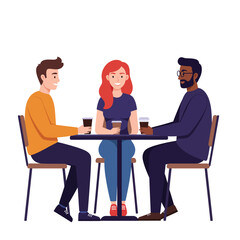 Obraz premium Three friends enjoying coffee at a table in flat vector illustration