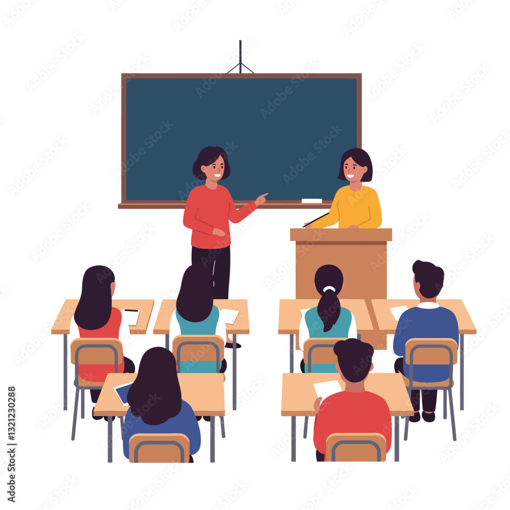 Poster classroom interaction featuring a teacher and student in minimal vector illustration style vector ar