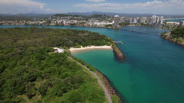 Marlo's Beach With Tweed River Mouth In NSW, Australia - Aerial Shot