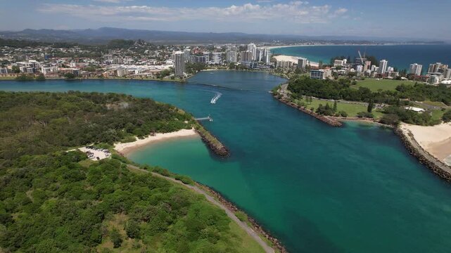 Marlo's Beach, Tweed River Mouth In NSW, Australia - Aerial Drone Shot
