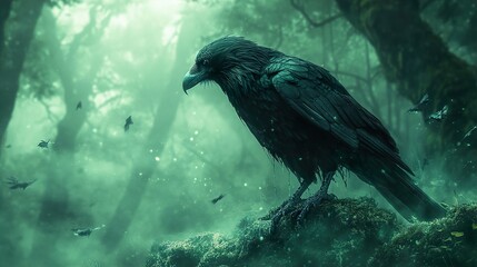 Fototapeta premium Mystical Raven in Dark Forest: A captivating wildlife scene