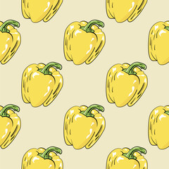 A pattern of yellow peppers is drawn in a light color. The peppers are drawn in a stylized way, with the stems and leaves visible. Scene is cheerful and bright