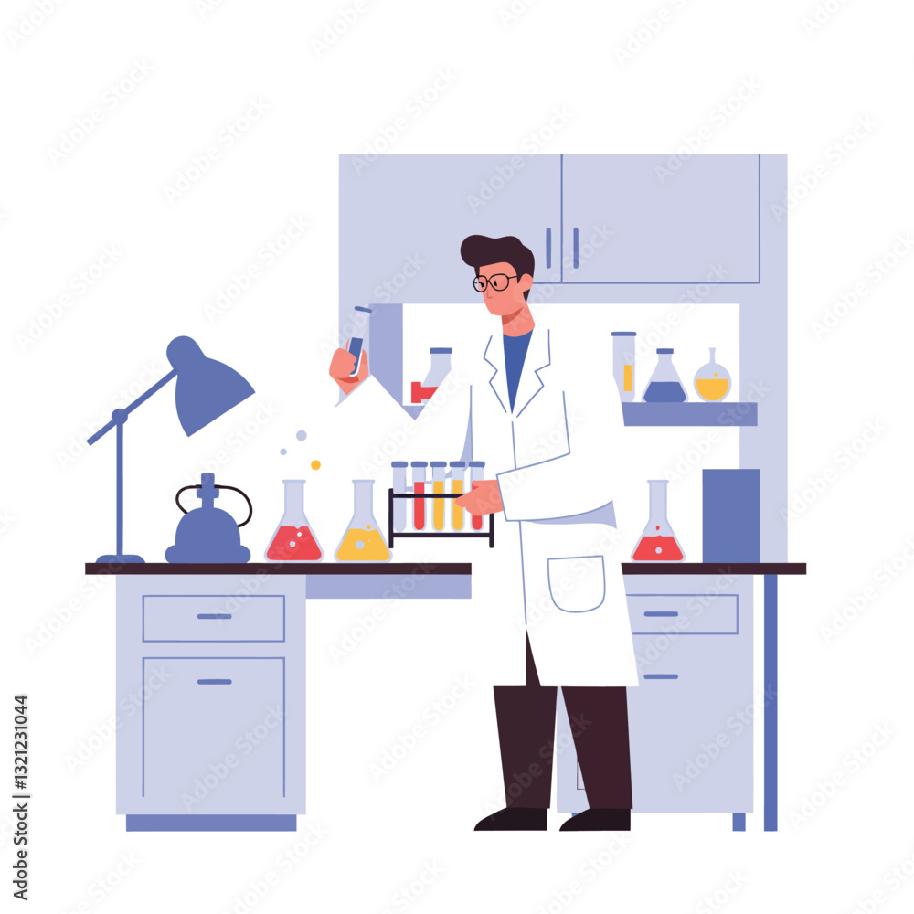 Poster scientist conducting experiments in a modern laboratory with flat design vector art