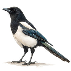 A detailed illustration of a magpie with black and white plumage against a white background.