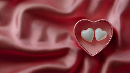 Fototapeta premium Romantic heart-shaped candies on satin red fabric close-up view sweet treats love concept