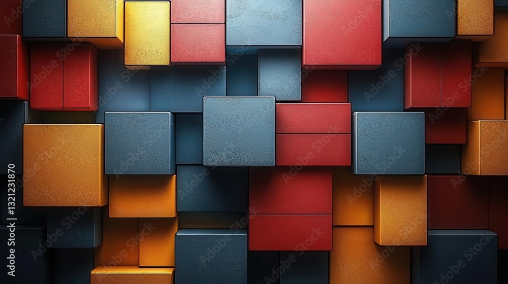 Poster an abstract composition of colorful geometric boxes arranged in a striking pattern against a dark ba
