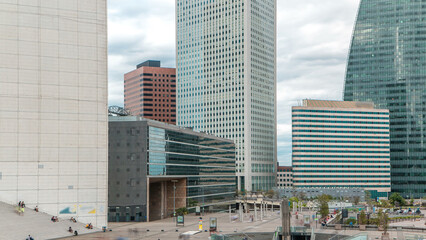 Skyscrapers of Defense timelapse modern business and financial district in Paris with highrise buildings