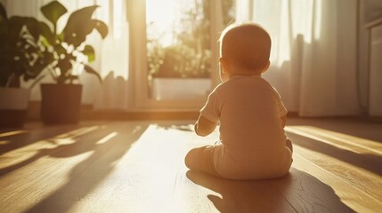 Baby Crawling on Wooden Floor in Cozy Home Environment