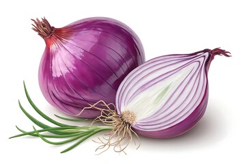 A Vibrant Red Onion, Sliced Open To Reveal Its Layered Heart, Rests Beside A Whole Onion And Fresh Chives Against A Bright White Background
