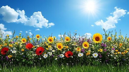 Obraz premium Vibrant Summer Wildflower Meadow Landscape Sunny Sky Colorful Blossoms Blooming Flowers
