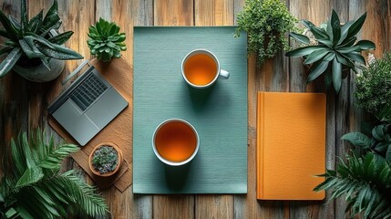 Elevated View of Wooden Table with Tea Cups Laptop Plant and Journal Arrangement on Neutral Tone
