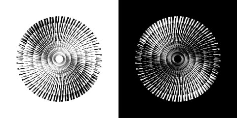 Dynamic abstract spiral sound wave rhythm lines. Circular spiral sound wave rhythm of lines. Circular futuristic abstract lines, black and white background.	