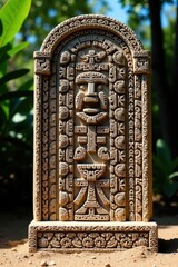 Geometric patterned Mayan altar stone, earthy tones, art, mexico