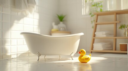 Cheerful Baby Playing with Rubber Duck in Bathtub