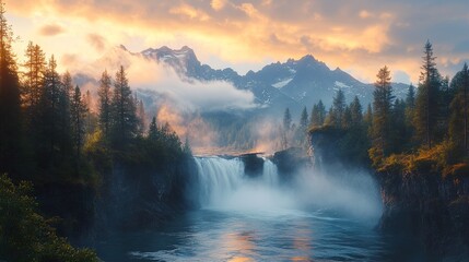 Majestic Waterfall Sunset Landscape: Breathtaking Nature Photography