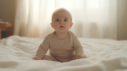 Curious Baby in Soft Onesie on White Bed