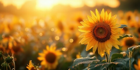 Fototapeta premium Sunflowers bloom in golden sunlight during early morning at a vibrant field