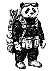 Fototapeta premium Charming panda adventurer ready for exploration in engraved vector style, perfect for tattoos or packaging designs