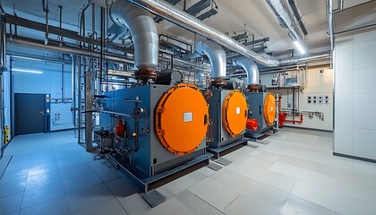 Industrial boiler room with two large boilers and extensive piping.