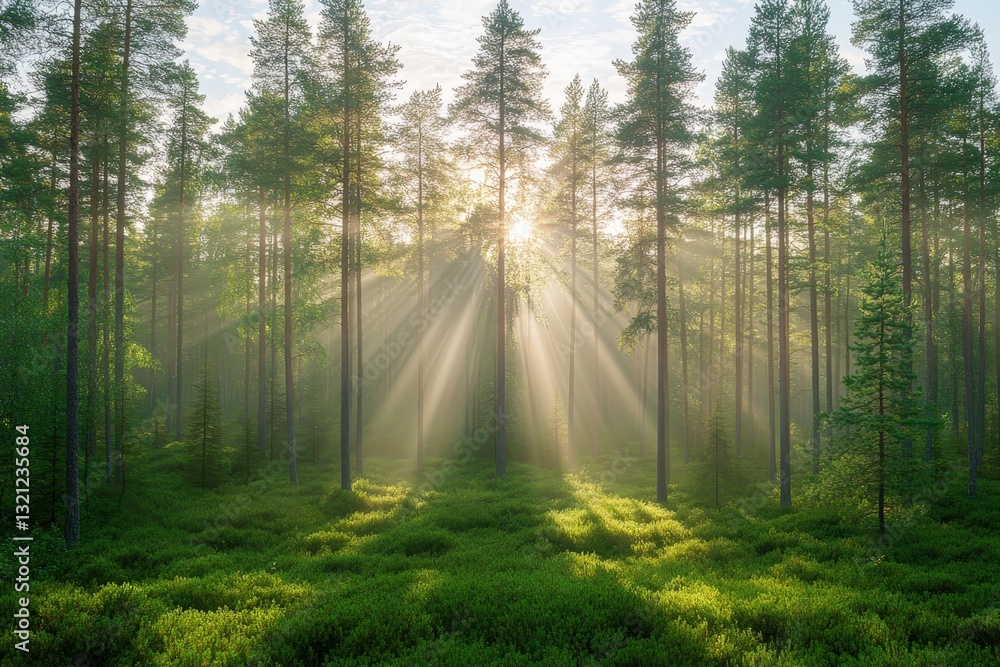 Aufkleber a serene forest scene with sunlight filtering through tall trees, creating a tranquil atmosphere fil