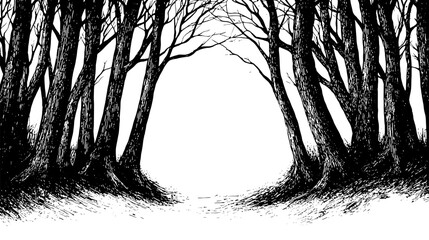 Engraved vector illustration of a mysterious forest with bare trees inviting an adventure into the unknown