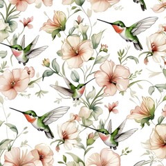 Seamless pattern with floral romantic elements, hand drawn colibri for your design. Endless texture, sketch humming-birds, watercolor flowers, isolated on white background. Vector Generative AI