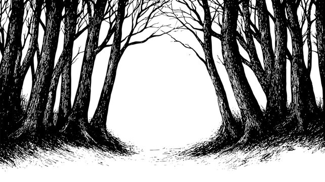 Engraved vector illustration of a mysterious forest with bare trees inviting an adventure into the unknown