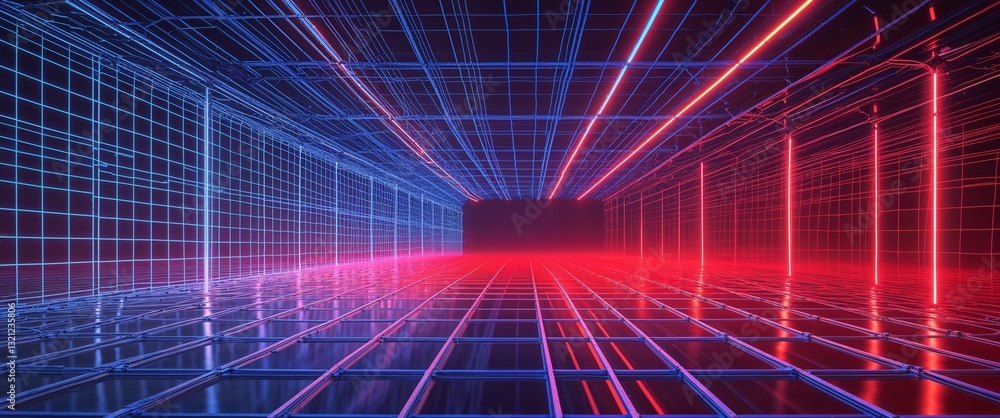 Poster blue mesh grid glowing light rays on red dark background motion and energy concept modern and futuri