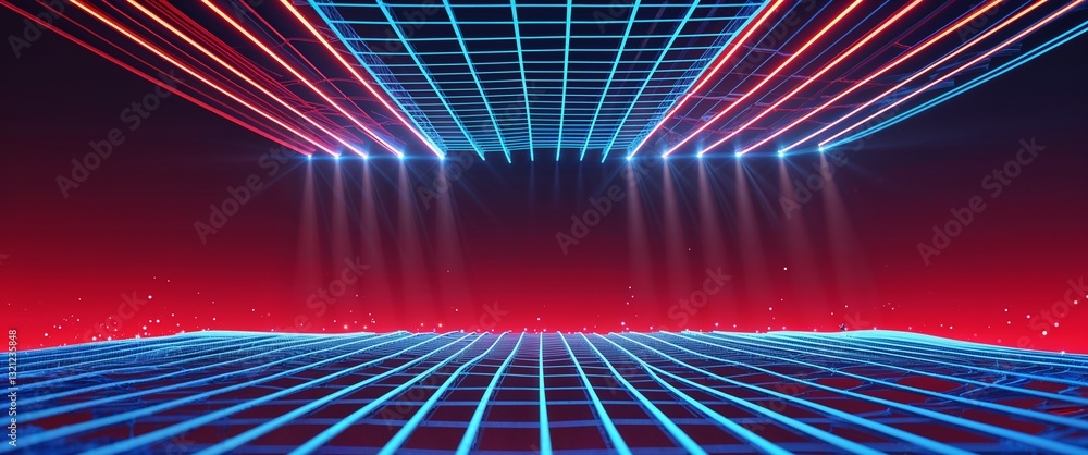 Poster blue mesh grid glowing light rays on red dark background motion and energy concept modern and futuri
