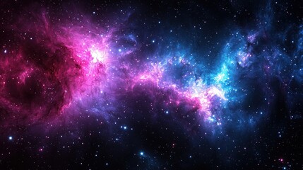 Naklejka premium Colorful cosmic nebula illuminated by stars in deep space showcasing a vibrant mix of pink and blue hues