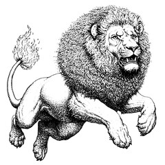 Exquisite engraved illustration of a lion in mid-leap showcasing artistic detail and skill, perfect for tattoo lovers and unique packaging designs