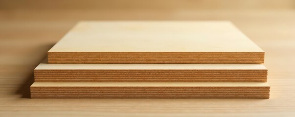 Three thin plywood sheets stacked neatly, showing wood grain, pattern, close up