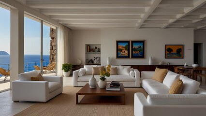 A comfortable modern living room features a fireplace, luxury furniture, and bright window design