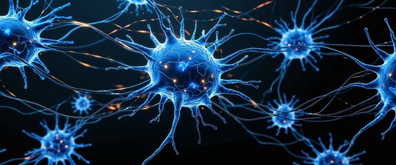 blue neural network neuron connection black dark background motion and energy concept modern and futuristic digital abstract artwork background