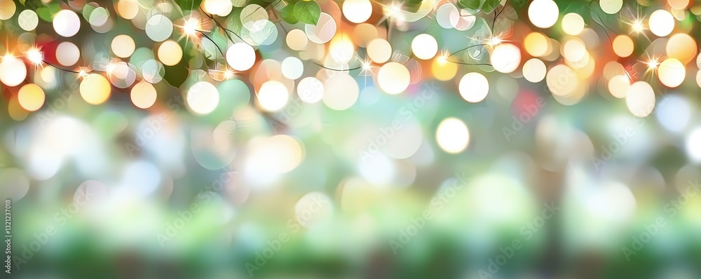 Aufkleber festive bokeh lights background sparkling string lights and green blurred nature scene