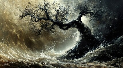 Dark Tree in a Stormy Sea: A Dramatic Nature Painting