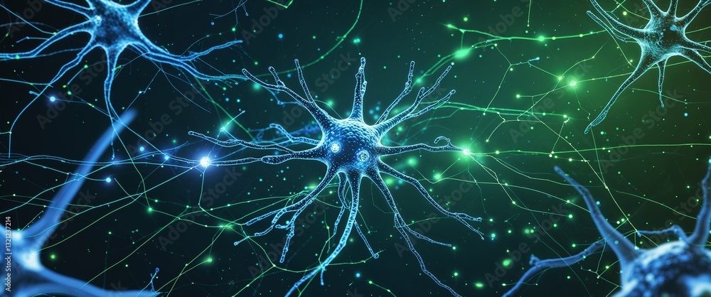 Poster blue neural network neuron connection green dark background motion and energy concept modern and fut