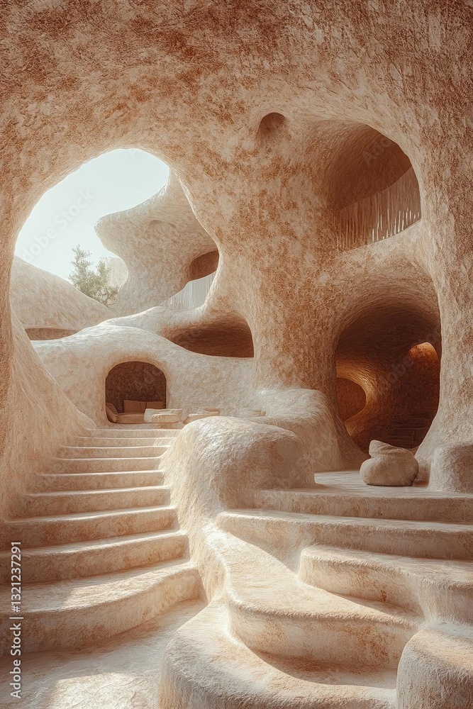 Aufkleber unique organic architecture featuring curved stone structures and soft lighting in a serene setting