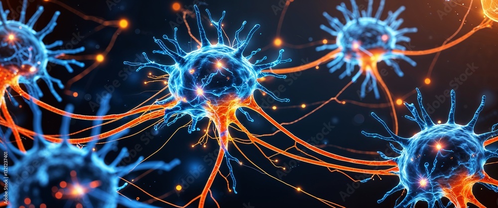 Poster blue neural network neuron connection orange dark background motion and energy concept modern and fu