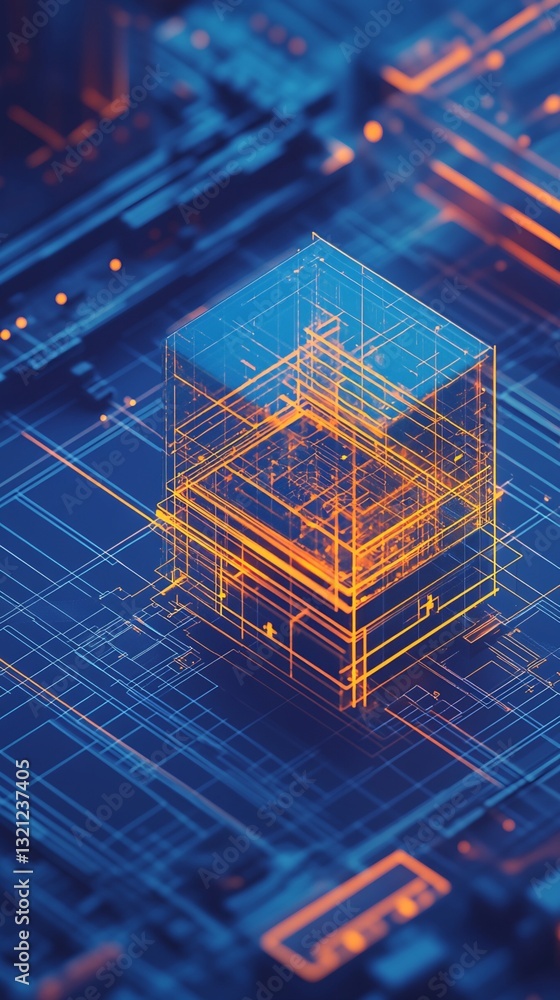 Poster digital cube on circuit board wireframe