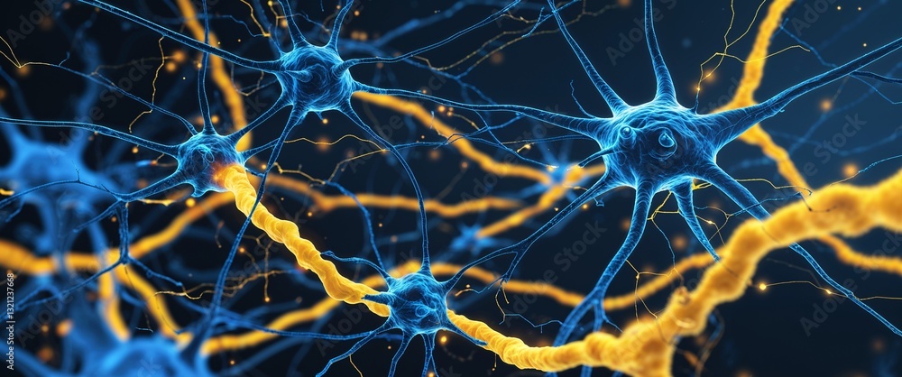 Wall mural blue neural network neuron connection yellow dark background motion and energy concept modern and fu