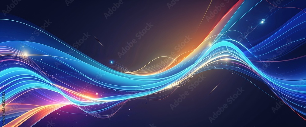 Poster blue wave curve light rays on colorful dark background motion and energy concept modern and futurist