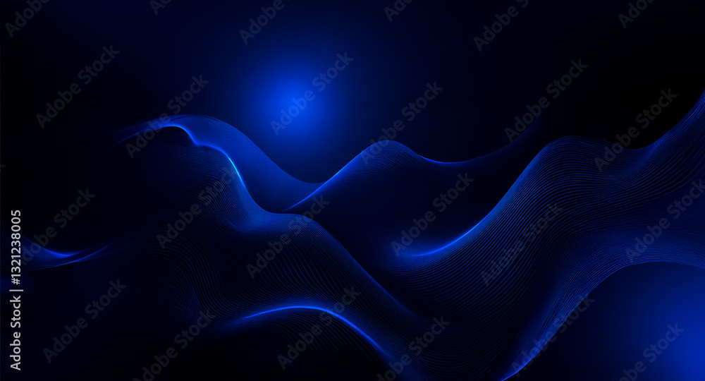 Aufkleber abstract blue waves flow across a dark backdrop, illuminated by a bright, soft glow at the top. the 