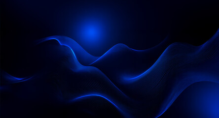 Obraz premium Abstract blue waves flow across a dark backdrop, illuminated by a bright, soft glow at the top. The smooth, curving lines create a sense of depth and movement.